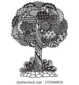 Line art of abstract tree for printing on product, engraving, adult coloring book, pillow case and so on. Vector illustration