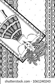 Line art adult coloring page with summer freedom hippie girl laying in sand