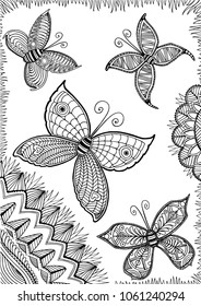 Line art adult coloring page spring butterflies