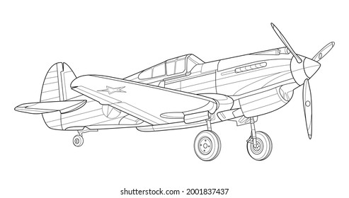 Line art adult military aircraft coloring page for book and drawing. Airplane. Vector illustration. Vehicle. Graphic element. Plane. Black contour sketch illustrate Isolated on white background.