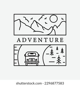 line art adventure icon logo design, mountain and car vector design