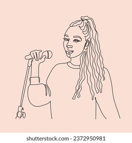 Line art of afro american black woman singing into microphone. A singer with curly hair or dreadlocks or pigtails line drawing vector