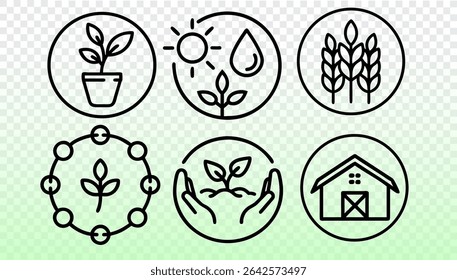 Conjunto de ícones de agricultura de arte de linha. Círculo emoldurado agricultura ilustração da natureza do crescimento. Cultivo agricultura ecologia colheita. Vetor de linhas pretas de plano de fundo de gradiente branco