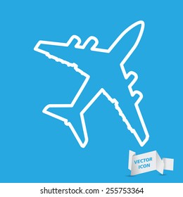 line art airplane pictogram on a blue background