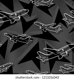 Line art. Airplanes and triangles. Travel summer seamless endless pattern. For kids, babies and boys. Fabric and wallpaper