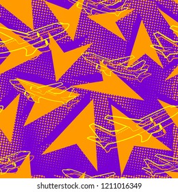 Line art. Airplanes and triangles. Travel summer seamless endless pattern. For kids, babies and boys. Fabric and wallpaper