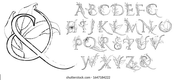 Line art alphabet with flowers and leaves. Romantic floral font. Hand drawn letters set. Monogram design
