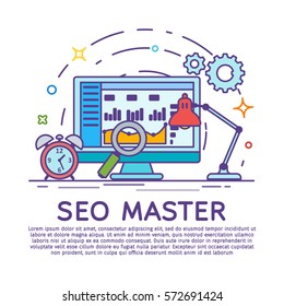 ?olored line art analytics website banner. Website development, search engine optimization. Web analytics elements and marketing. Workplace expert in SEO and SMM. Stroke lines vector illustration