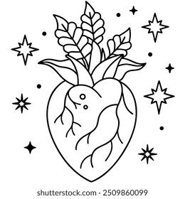 line art anatomical heart with plants and stars