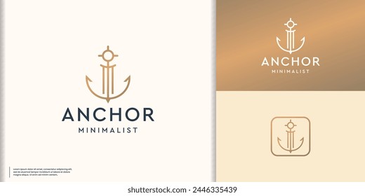 Line Art Anker für Boot Ship Marine Navy Nautical Logo Design Vektorgrafik mit goldenen Farbmarkierungen.