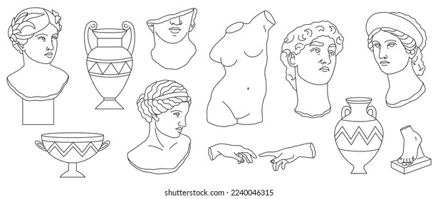 Line art ancient greece sculpture and vases set. Heads of woman, man, hands, foot, vases.