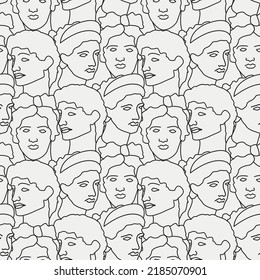 Line art ancient sculpture seamless pattern (antique statues).  Greece  line Vector illustration. Black and white