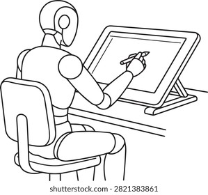 Line art of android robot sitting at desk sketching on digital drawing tablet modern technology design workspace.