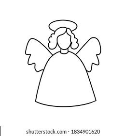 Line art angel figurine, on a white background. Copy space. Vector icon. For cards, posters, coloring book,for scientific journals book illustrations. Baby birthday cards.