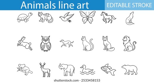 Line Art Animal Icons Set Editable Stroke