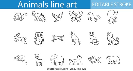 Line Art Animal Icons Set Editable Stroke