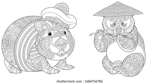 Line art animals. Coloring pages. Hamster and panda bear in funny hats. Monochrome design for adult or kids colouring book in zentangle style. Vector illustration.