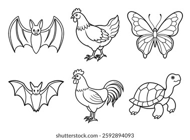 line art animals on white background, six type