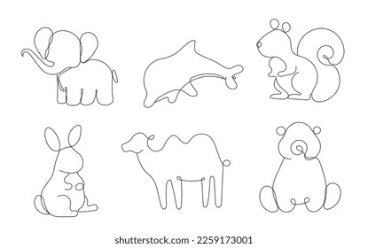 Line art animals set. Collection of graphic elements for website. Solhouette of elephant, dolphin, bear, cammel, hare and squirrel. Cartoon flat vector illustrations isolated on white background