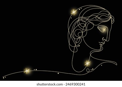 Line Art Antique Head with Gold Glitter Stars. Luxury Rich Glamour Invitation Card Template. Portrait Isolated on Black. Shine Gold Light Texture Effect. Glowing Blink Star Symbol Element Gift.	