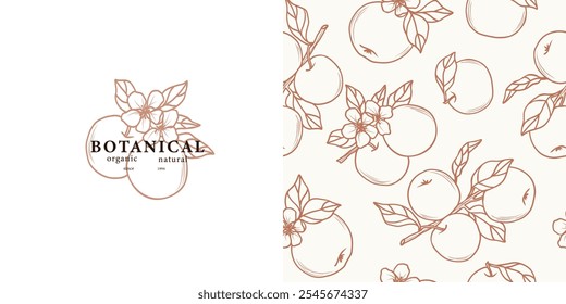 Arte de la línea de ramas de fruta de manzana sin patrón y logotipo