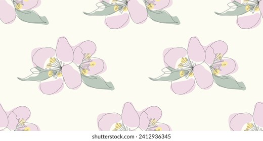 Line art Apple tree blossom, Vector seamless pattern. Endless Spring floral background, Wallpaper, Cover, Wrapping paper. Botanical color template for Print, Postcard, Fabric, Textile, Clothes design.