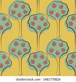 Line art apple tree orchard with offset green and red color. Seamless vector pattern on line textured orange background. Great for fall, food products, packaging, fabric, stationery graphic design