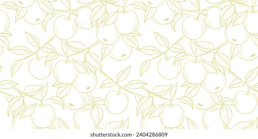 Line art apple vector pattern background, seamless repeating wallpaper, delicate hand drawn line art illustration banner