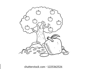 line art apples fall from trees