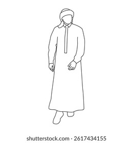 Line Art of Arab Man in Traditional Outfit, Middle Eastern Male in Thobe - Outline Drawing