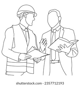 Line art of architect-engineer discusses construction project