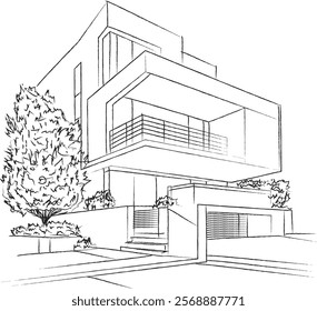 line art architecture sketch drawing of a bungalow 