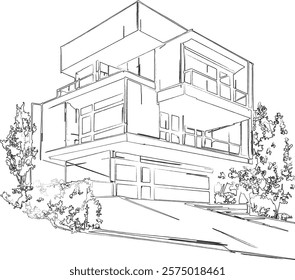 line art architecture sketch drawing of a bungalow 