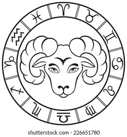 Line art  Aries sign in the round zodiac frame. Vector Illustration  