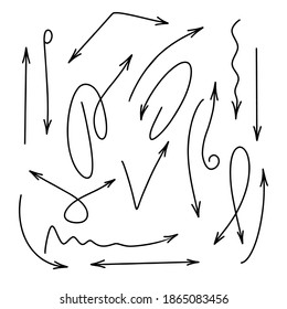 Conjunto de doodles de flecha de arte de línea para el diseño de pancartas. Conjunto de iconos de flecha negra. Dibujo de línea. Signo del cursor. Concepto vectorial creativo.