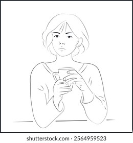 Line Art Asian Woman Drinking Coffee on White Background