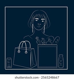 Line Art Asian Woman with Grocery Bags Containing Vegetables, Fruit, and Water Bottle