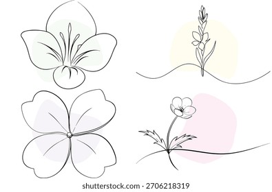 Line art of assorted flowers with pastel background design elements