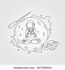 line art astronaut meditation vector sketch on the planet illustration design