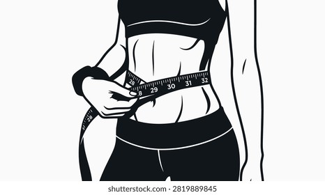 Line art of an athletic female measuring her waistline for health tracking.
