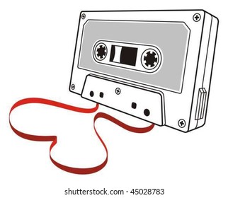 Line art of audio cassette with loose tape shaping a heart