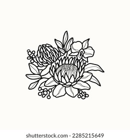 Line art Australian flowers bouquet