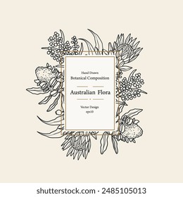 Line art Australian flowers frame. Banksia seed pod, wattle, protea, eucalyptus