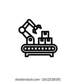 Line art of an automated arm placing boxes on a conveyor belt, symbolizing efficiency and modern manufacturing processes Use for website design or technology related projects.