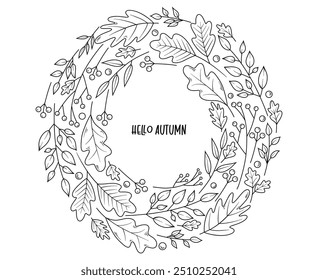 Line art autumn foliage wreath, line art drawing, botanical vector illustration, floral border to Thanksgiving Day