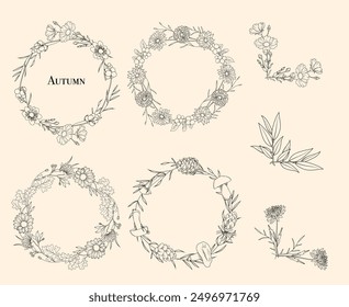 Arte de la línea coronas de otoño y esquinas florales, dibujo de arte de la línea, Ilustración vectorial botánica, floral border set