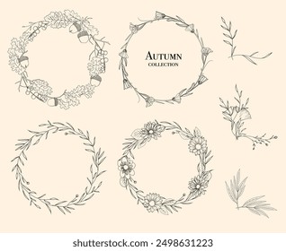 Arte de la línea coronas de otoño y esquinas florales, dibujo de arte de la línea, Ilustración vectorial botánica, floral border set