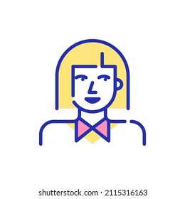 Line art avatar icon. Cute girl with bob haircut wearing a shirt. Pixel perfect, editable stroke fun color avatar