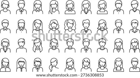 Line Art Avatar Icon Set, Diverse People Profile User Symbols, Minimalist Human Faces Illustration for Web Design and Corporate Team Portraits