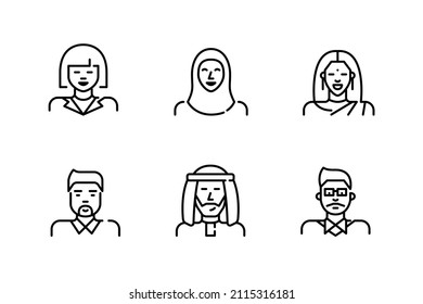 Line art avatar icons. Asian people including Chinese, Korean, Indian and Arab men and women. Pixel perfect, editable stroke